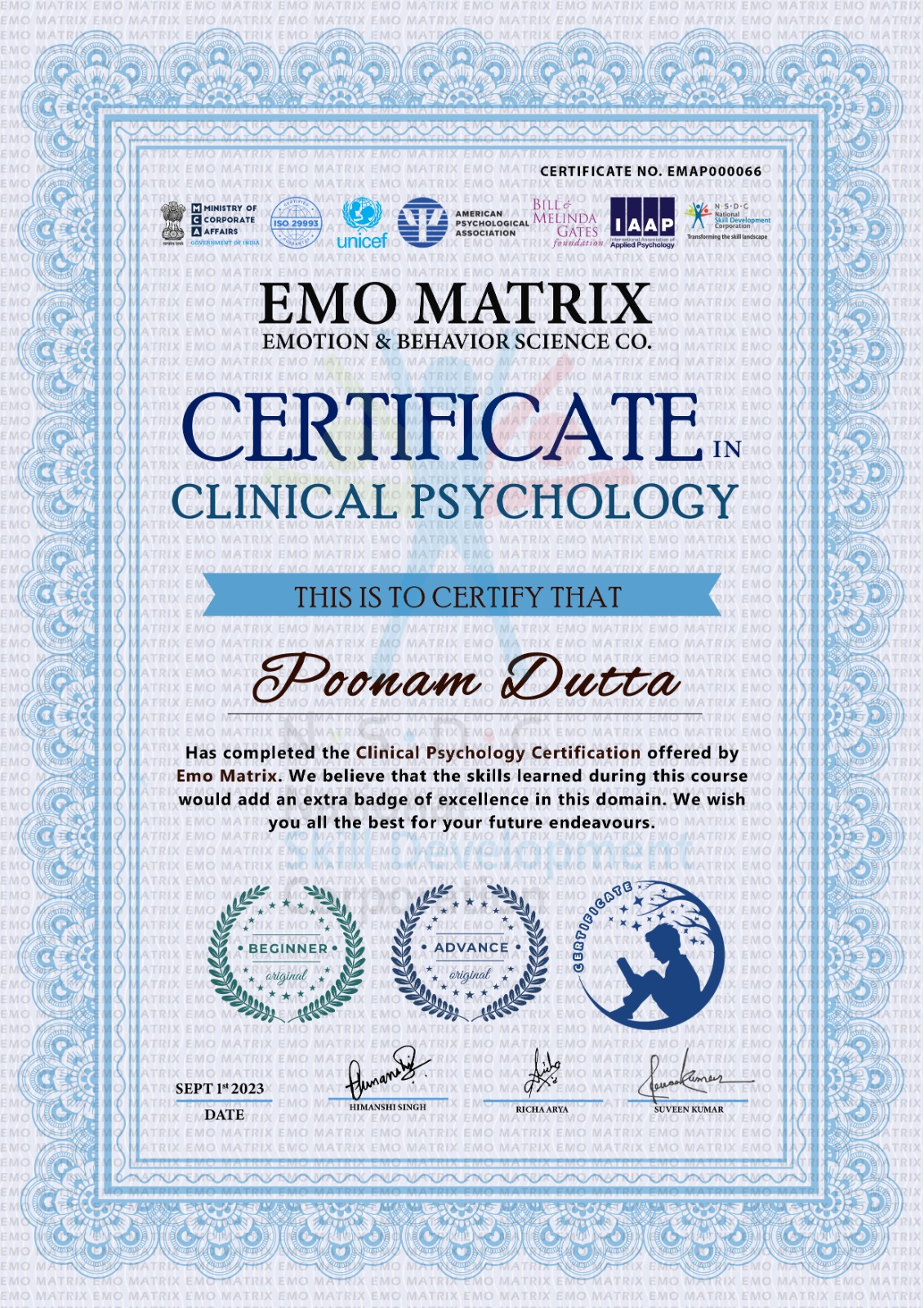 poonam dutta certificate clinical psychology