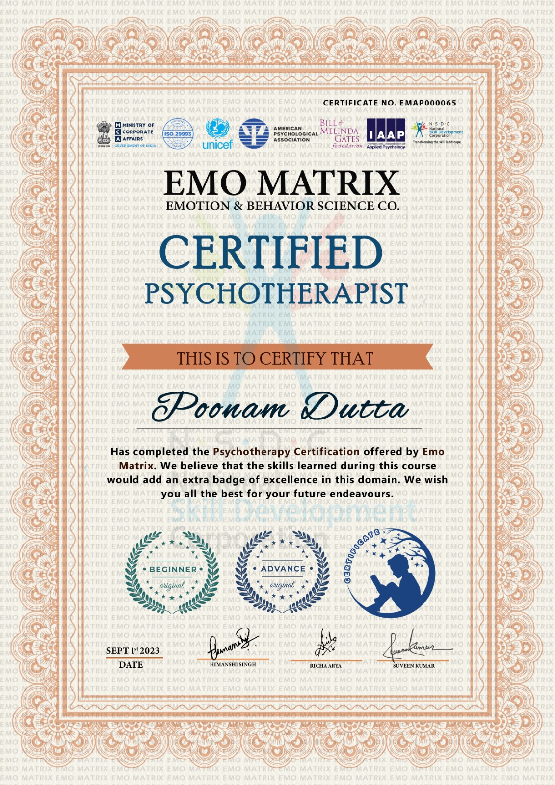 poonam dutta certified psychotherapist
